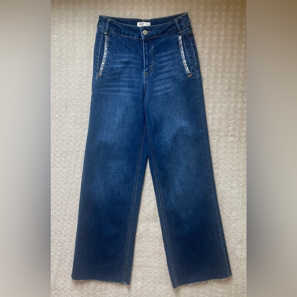OAT‎ New York High Rise Wide Leg Denim Trouser, Rhinestone Detail, Raw Hem, Sz 2 - Picture 3 of 16